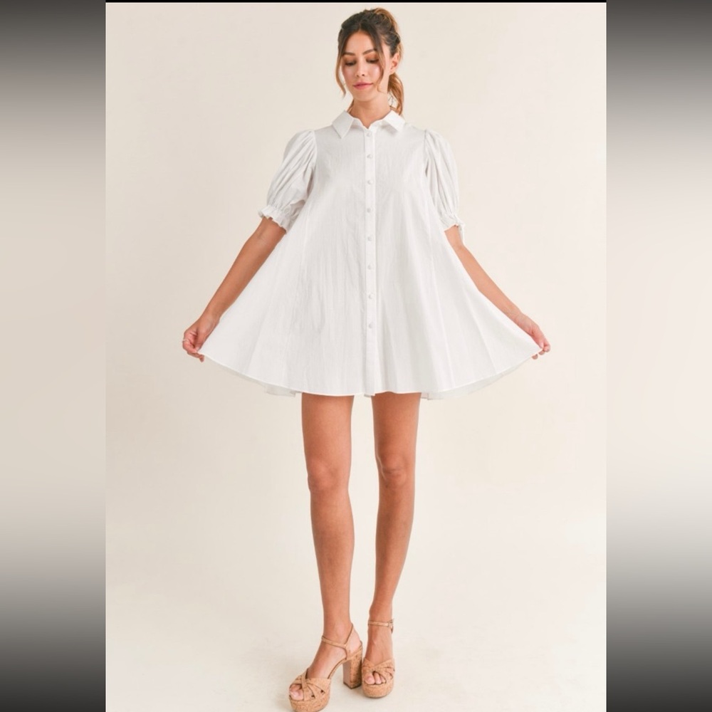 White Button Up Mini Dress with puffy sleeves